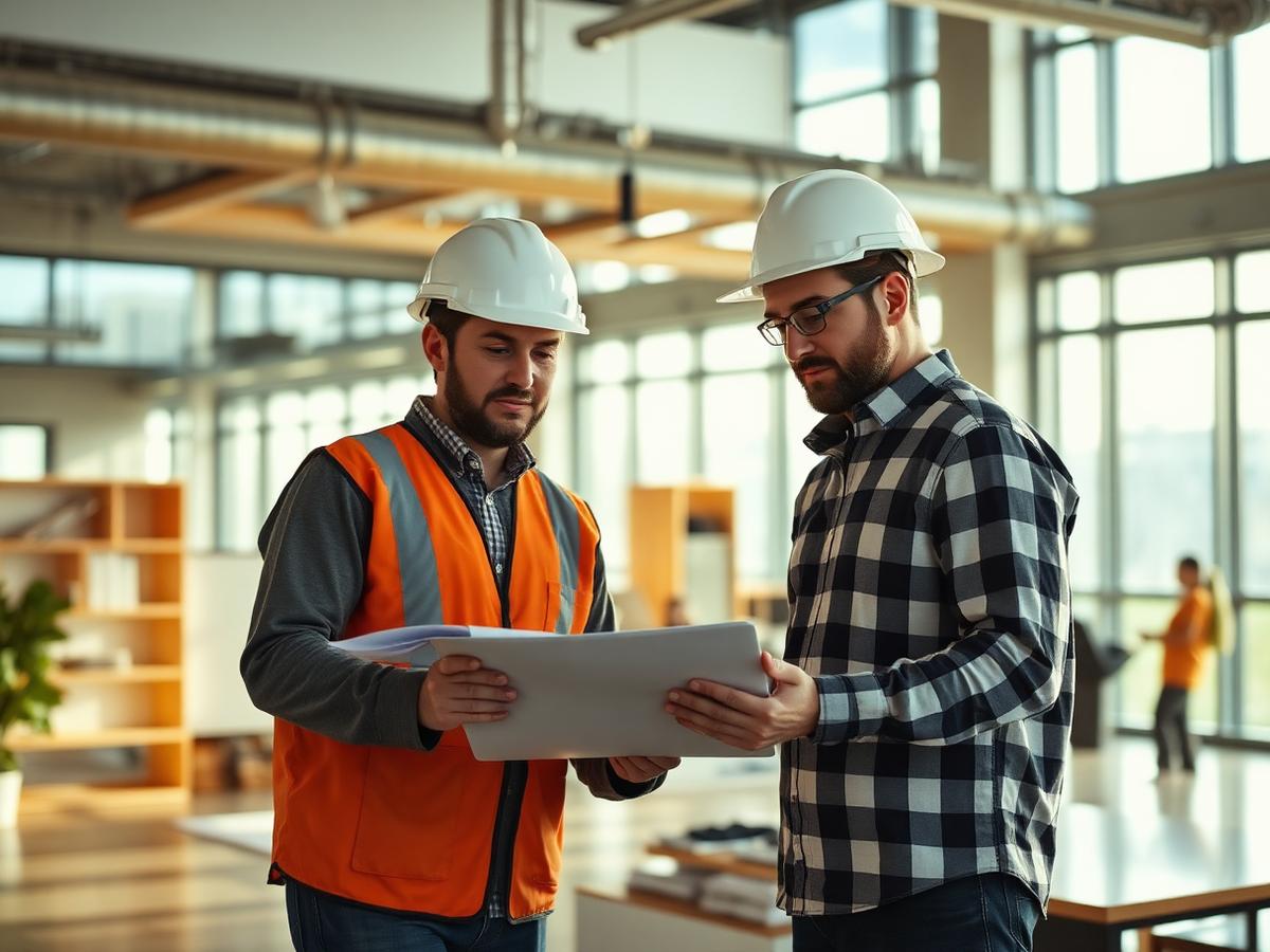 Engineering team reviewing plans in a modern office